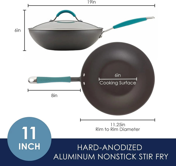 Cucina Hard-Anodized Nonstick Covered Stir Fry Pan, 11-Inch, Gray, Agave Blue Handles2