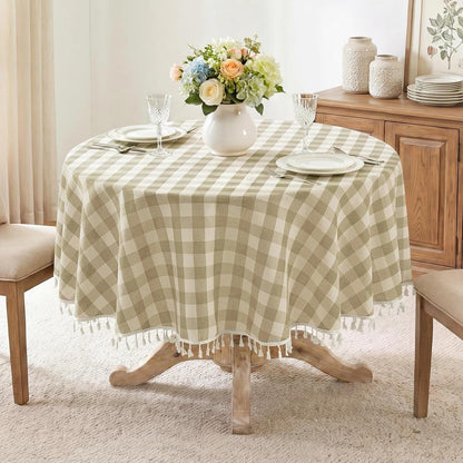 Gingham Tassel 70 Inch round Tablecloth, Beige2