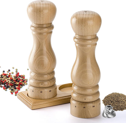 Wooden Salt and Pepper Grinder Set, Manual Salt and Pepper Mill with Ceramic/Stainless Steel Core, Refillable Salt Grinder with External Adjustable Coarseness, 9” Tall (Beech)1