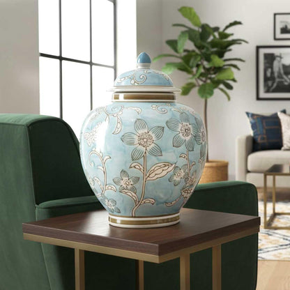 Light Blue and White Floral Chinoiserie Ginger Jar 10" with Lid - Ginger Jar, Tea Storage, Decorative, Home Decor Jar1