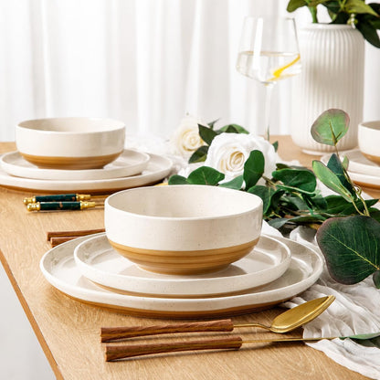 24-Piece Ceramic Dinnerware Set for 6, Handpainted Plates, Pasta Bowls & Bowls Set with Rustic Terracotta Underside, Scratch-Resistant, Dishwasher & Microwave Safe,Speckled Glaze Beige4