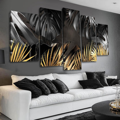 Black and Gold Leaves Painting Wall Decor for Living Room Nature Canvas Art Modern Artwork Framed Prints for Home Bedroom Picture Poster 5 Pieces Ready to Hang (12"X20"X2Pcs+12"X28"X2Pcs+12"X32")7