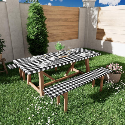6FT Picnic Table Cover with Bench Covers, Elastic Fitted Tablecloth | Waterproof Washable Rectangle Tablecloths ,Buffalo Plaid Tablecloth for Dining, Camping, Outdoor (Black & White, 30" X 72")8