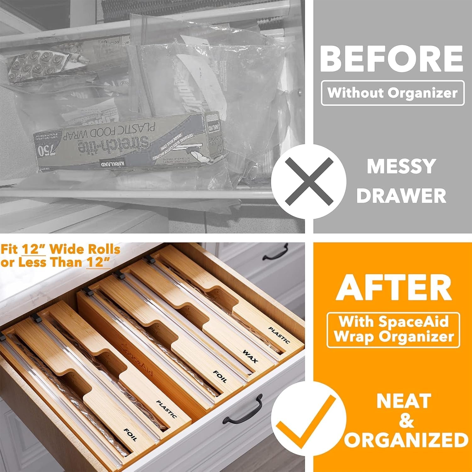 wrapneat-3-in-1-wrap-organizer-with-cutter-and-labels-plastic-wrap-aluminum-foil-and-wax-bamboo-dispenser-for-kitchen-storage-organization-holder-for-12-roll-natural