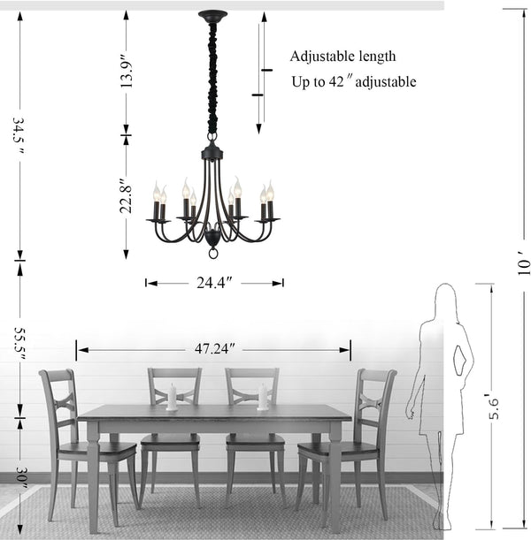 Black Chandeliers,8-Light Easy Installation Farmhouse Chandelier for Dining Room,Kitchen Light Fixtures Light over Table,E12 Base Rustic Pendant Ceiling Lights for Bedroom Hallway6