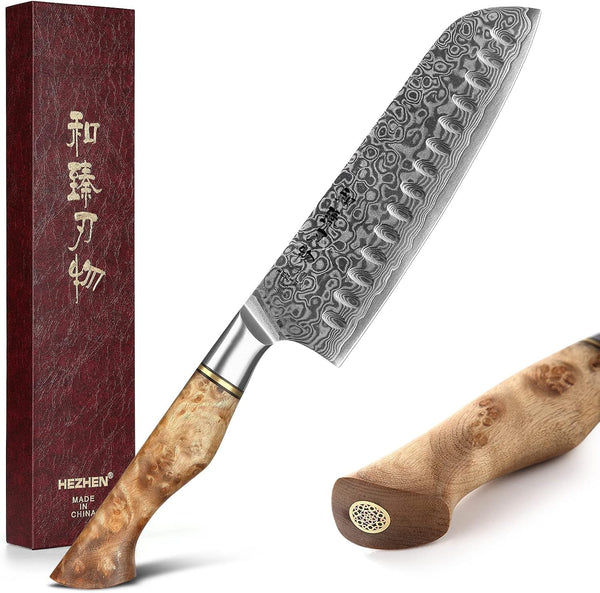 7” Santoku Knife, Damascus Steel Chef Knife, Asian Kitchen Knife Japanese Style, Figured Sycamore Wood Handle1