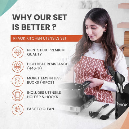 40Pcs Silicone Cooking Utensils Set 446℉ Heat Resistance,  BPA Free Kitchen Utensils Set for Nonstick Cookware, Gadgets Includes Can Opener, Potato Smasher,Peeler,Tongs,Spatula Set,Pizza Cutter7