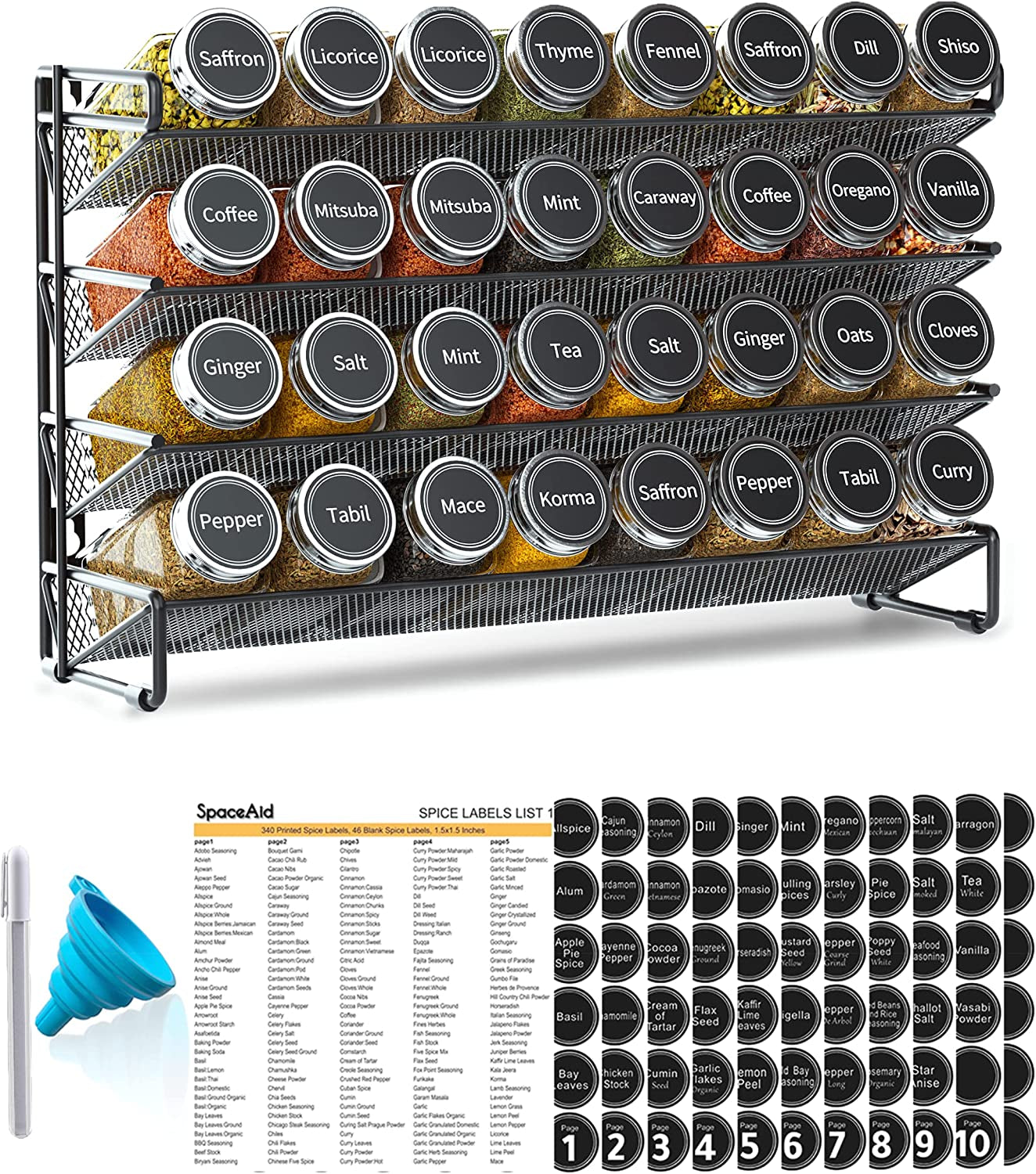 spice-rack-organizer-with-32-spice-jars-386-spice-labels-chalk-marker-and-funnel-set-for-cabinet-countertop-pantry-cupboard-or-door-wall-mount-32-jars-15-3-w-10-8-h-black