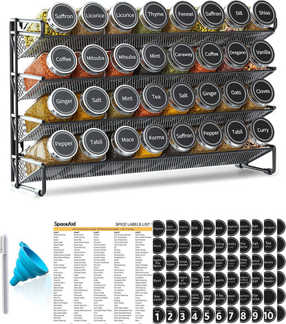 Spice Rack Organizer with 32 Spice Jars, 386 Spice Labels, Chalk Marker and Funnel Set for Cabinet, Countertop, Pantry, Cupboard or Door & Wall Mount - 32 Jars, 15.3" W × 10.8" H, Black1