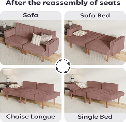 71" Velvet Futon Sofa Bed, Versatile Loveseat Couch, Sleeper Sofa with Adjustable Backrest, Mid Century Modern Futon Couch for Small Space, Living Room, Office & Apartment, Velvet Fabric Pink6