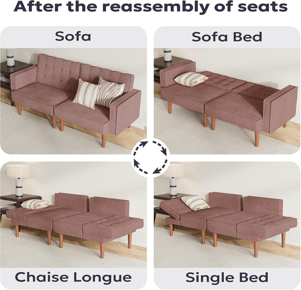 71" Velvet Futon Sofa Bed, Versatile Loveseat Couch, Sleeper Sofa with Adjustable Backrest, Mid Century Modern Futon Couch for Small Space, Living Room, Office & Apartment, Velvet Fabric Pink6