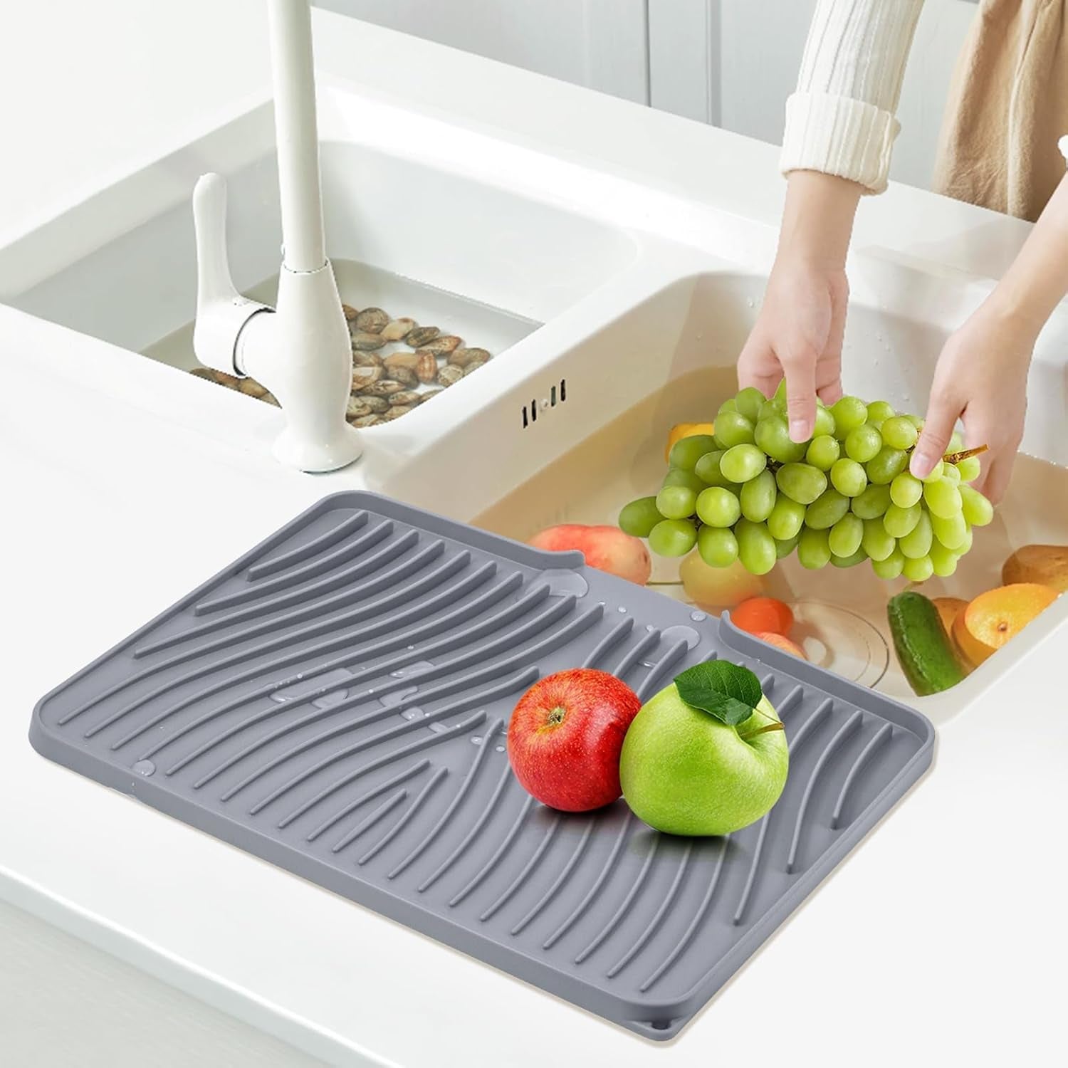 silicone-dish-drying-mat-for-kitchen-counter-grey-1pcs-16-x-12-heat-resistant-non-slip-dish-drain-pad-with-built-in-drain-dishwasher-safe-quick-dry-hangable-roll-up-for-storage