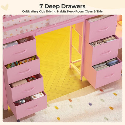 Kids Low Loft Bed Twin Size with Desk and 7 Storage Drawers, Pink3