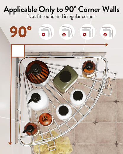Corner Shower Caddy Stainless Steel with Hooks Wall Mounted Bathroom Shelf Storage Organizer Adhesive No Drilling 2 Pack, Silver Only for 90-Degree Corner3