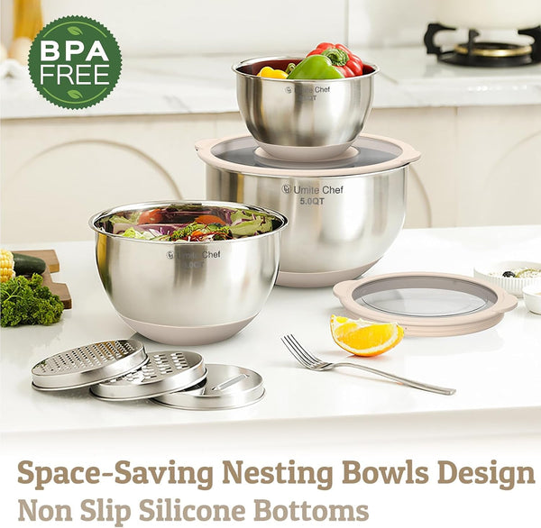 Mixing Bowles Set with Lids Set - Warp-Proof TPR-AS Lids, Stainless Steel Mixing Bowl with 3 Graters & Measuring Lines, Non-Slip Bowls for Baking, Prep, Airtight Food Storage (Khaki 5/3/2/1.5/0.63QT)7