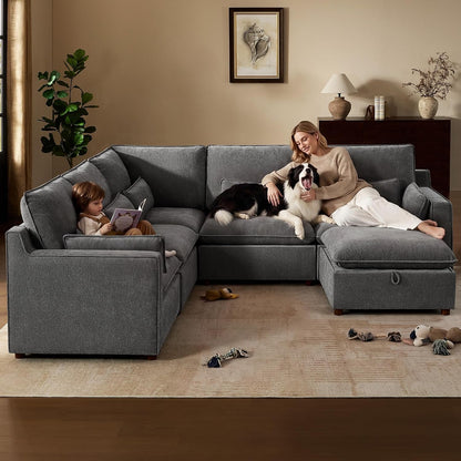 Modern Modular Sectional Sofa,105" V Shape Sectional Cloud Couch with Storage Ottoman,Comfty 6 Seat Sofa for Living Room,Grey Chenille7
