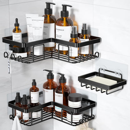 Corner Adhesive Shower Caddy, with Soap Holder and 12 Hooks, Rustproof Stainless Steel Bathroom Organizer, No Drilling Wall Mounted Rack, Black, 3-Pack1