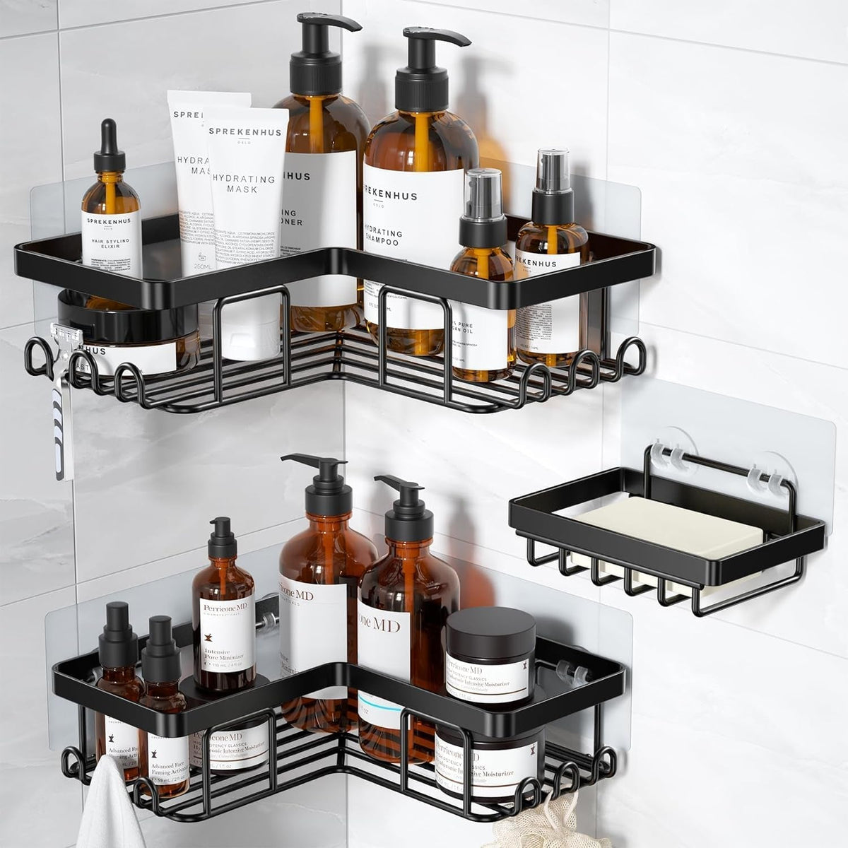 corner-adhesive-shower-caddy-with-soap-holder-and-12-hooks-rustproof-stainless-steel-bathroom-organizer-no-drilling-wall-mounted-rack-black-3-pack