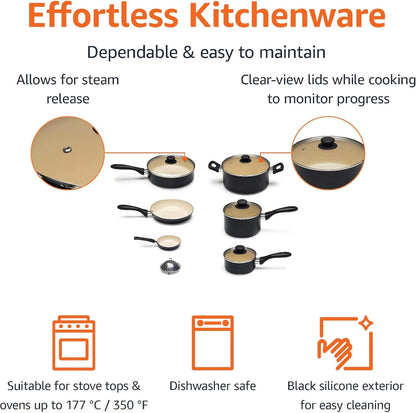 11-Piece Ceramic Non-Stick Pots and Pans Set, Dishwasher & Oven Safe, Easy Clean, Glass Lids, Black/Cream3