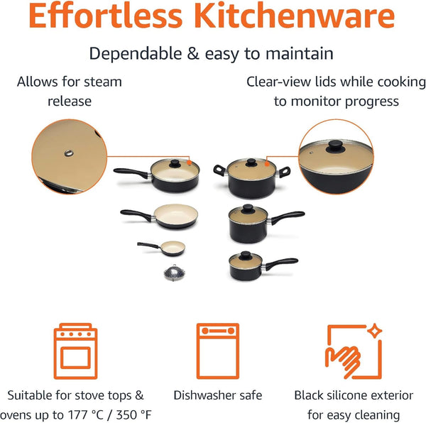 11-Piece Ceramic Non-Stick Pots and Pans Set, Dishwasher & Oven Safe, Easy Clean, Glass Lids, Black/Cream3
