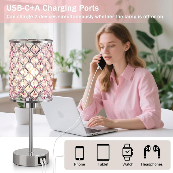 Pink Crystal Bedside Table Lamps Set of 2 with USB C+A Ports3