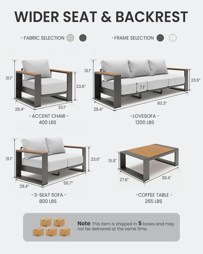 Oversized Aluminum Patio Furniture Set, 5 Pieces Luxury Outdoor Furniture Set with 7.1" Extra Thick Cushion, Modern Outdoor Sectional with Coffee Table for Porch, Garden and Deck, Gray8