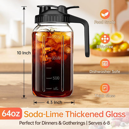 64 Oz Mason Jar Pitcher with Lid, Airtight & Leakproof Glass Pitcher | 2 Quart (1/2 Gallon) Mason Jar with Pour Spout, Easy-Grip Handle, Wide Mouth, Cold Brew and Breastmilk, Iced Tea, Sun Tea2