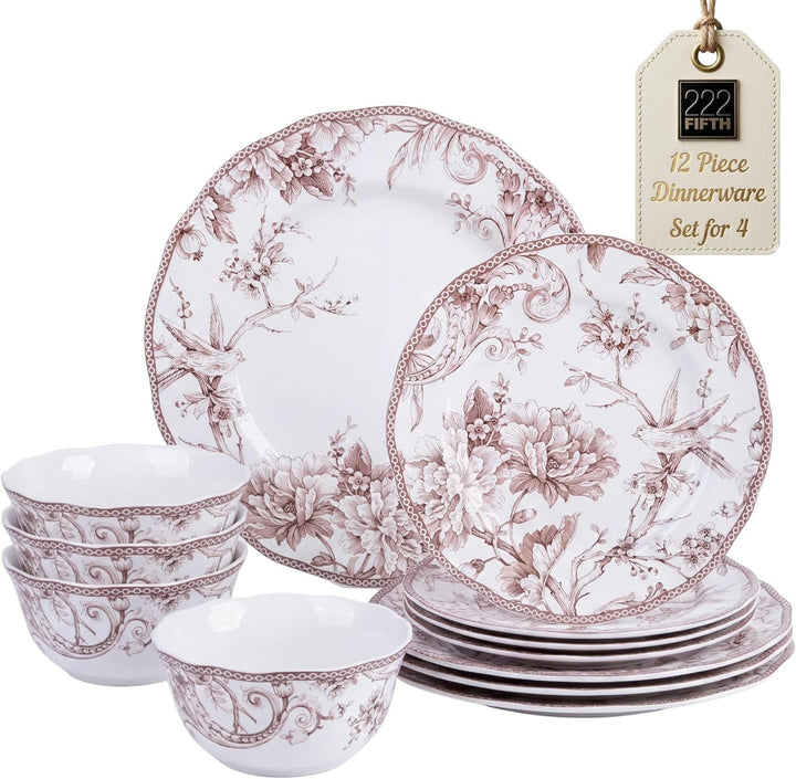 Adelaide Brown on White 12-Piece Dinnerware Set – Service for 4, Big Dinner Plates and Bowls Sets,Durable Porcelain, Microwave and Dishwasher Safe, for Everyday Dining & Entertainment