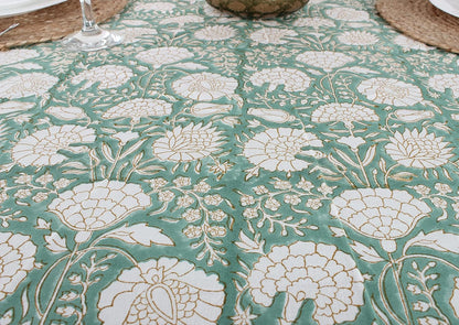 Turquoise Moss Green 100% Cotton Boho Square Fall Tablecloth, Handblock Floral Print Linen for Kitchen Dining I Parties, Outdoors, Weddings, Christmas, Thanksgiving Décor 132" Inches Round5