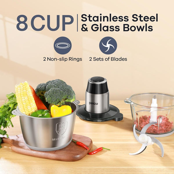 Food Processors with 2 Bowls, 450W Meat Grinder Vegetable Chopper | 2-Speed Electric Food Chopper with 8 Cup Glass & 8 Cup Stainless Steel Bowls -Includes 2 Sets of Blades for Fruits/Meat/Nuts3