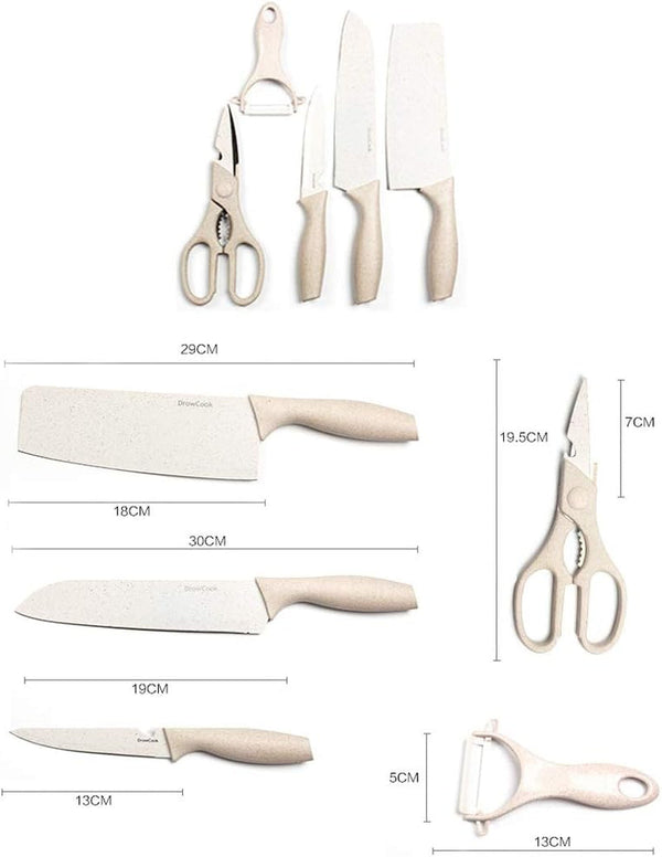 Cutlery Baby Food Scissors Stainless Steel Chef Kitchen Knife Set Five Pieces Nakiri,Steak,Santoku,Serrated, Paring Knife Set with Kitchen Shears Peeler for Vegetable Fruit Potato Ceramics (Beige)6