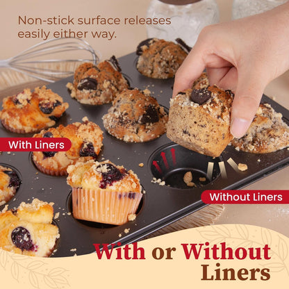 2-Pack 12-Cup Muffin Pan Set, Carbon Steel Nonstick Cupcake Tin | Includes 200 Liners, Durable Carbon Steel, Nonstick Release, for Cupcakes, Muffins, Egg Bites, Brownies, Oven Safe 450°F5
