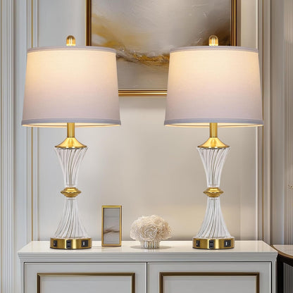 Crystal Glass Table Lamp Set of 2 with USB C+A Ports & AC Outlet, White Lamp, Modern Bedroom Lamps, Gold Lamp for Night Stands Bedroom Living Room,Nightstand Lamp LED Bulbs Included6