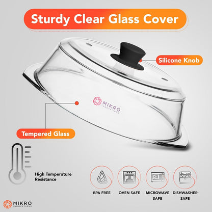 Tall Glass Microwave Splatter Cover | Sturdy Clear 100% Food Safe BPA Free Glass Lid with Easy Grip Silicone Handle | Heavy-Duty Glass for Longer Life, Dishwasher Safe for Easy Cleaning - 10.5In2