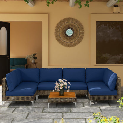 7 Piece Wicker Patio Furniture Set Modular Rattan Brown/Dark Blue8