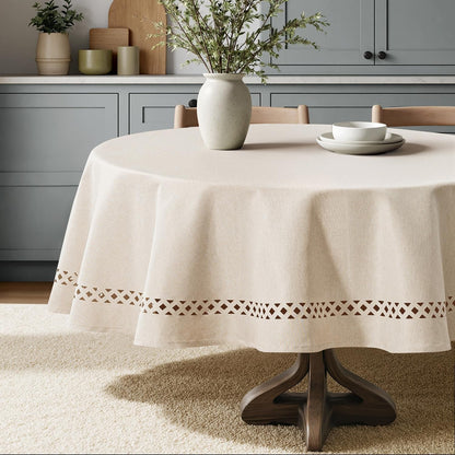Beige 60 Inch round Linen Tablecloth with Decorative Cutouts | Waterproof Stain Resistant & Shrink-Proof Table Cloth, Farmhouse Style, for Dining Wedding Kitchen Party Outdoor2