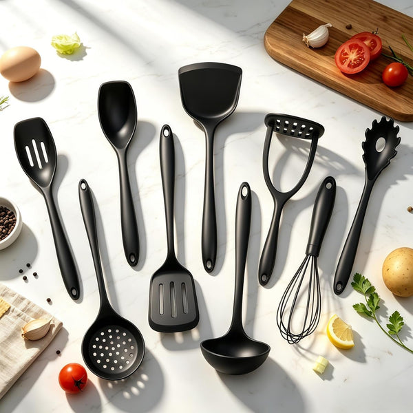 Thickened Silicone Cooking Utensils Set, 10Pcs Nonstick Kitchen Utensil Set with Solid Handle, Heat Resistant Silicone Spatula Set for Cooking, BPA Free Utensils Set with Potato Masher(Black)6