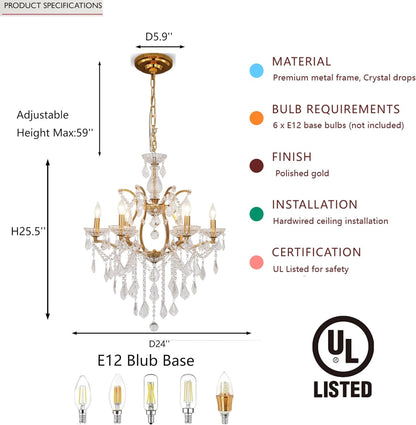 6-Light Crystal Chandelier Gold Finish3