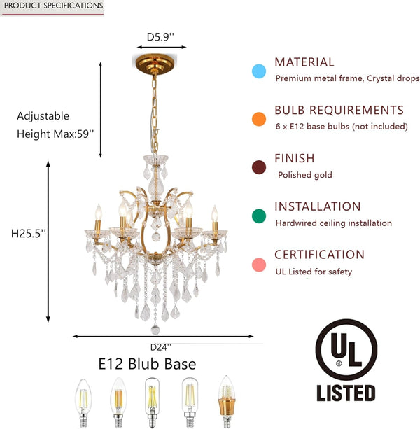 6-Light Crystal Chandelier Gold Finish3