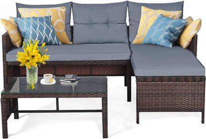 3 PCS Patio Conversation Set Sectional Rattan Wicker Sofa Set with Steel Frame & Seat Cushion, Outdoor Table & Sofa Furniture Set for Garden Lawn Pool Backyard1