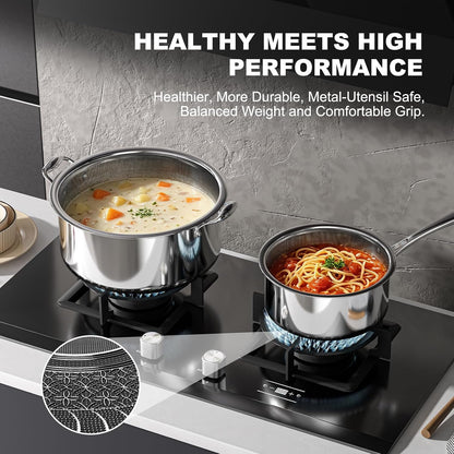 Hybrid Nonstick 8-Pc Stainless Steel Cookware Set,Pots and Pans Set | with 2 Silicone Trivets, 2/3/8-Qt Pots, Etched Surface&Stay-Cool Handles Dishwasher&Oven-Safe, Compatible with All Cooktops6