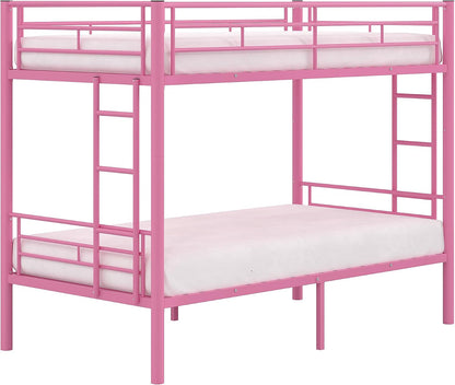 Bunk Bed Twin over Twin, Metal Bunkbeds with Ladder and Full-Length Guardrail, No Box Spring Needed, Space Saving, Noise Free, Light Pink6