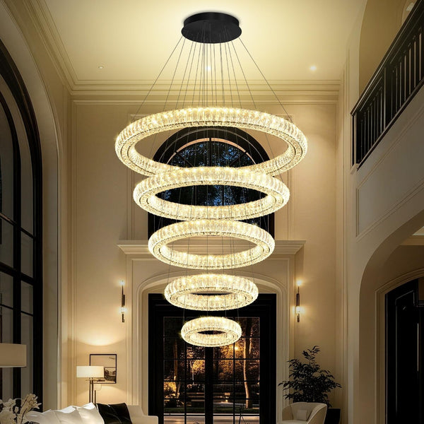 Large LED 5 Ring Chandelier for High Ceiling Modern Long Crystal Chandelier Lighting Ceiling Chandeliers for Staircase Foyer, Black D8''+15.7"+23.6"+31.5"+39.4"4