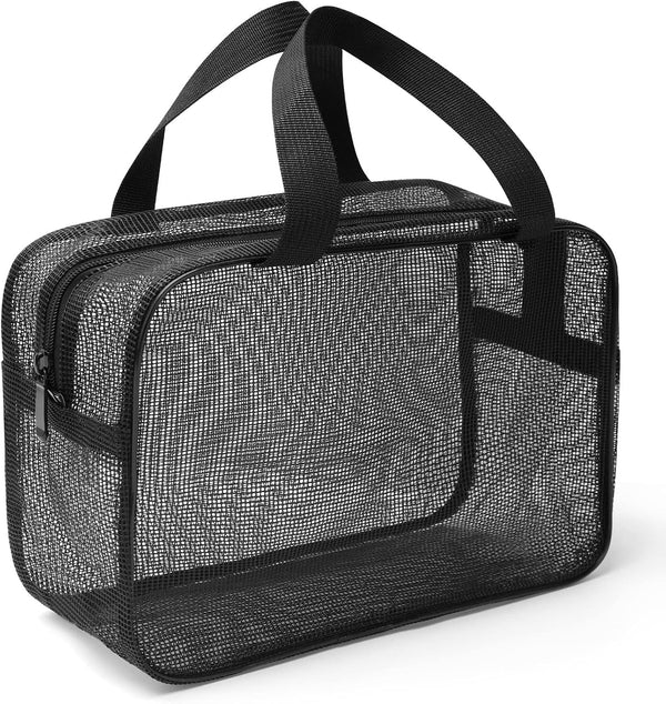 Mesh Shower Caddy Mash Shower Bag Black Portable Mesh Accessories Organizer Tote for Gym College Dorm Room (Black-Large)1