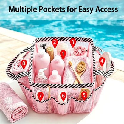 Mesh Shower Caddy Portable for College Dorm Room Essentials, 9 Pocket Large Capacity Waterproof Hanging Toiletry Tote with 2 Handles, Pink Bathroom Organizer for Swimming, Gym, Camp, Beach, Travel5