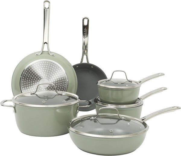 Sur La Table Kitchen Essentials Cool Commune Hard Anodized 10 Piece PFA Free Ceramic Non Stick Interior Forged Durable Aluminum Pots and Pans Cookware Set - Green - Induction Compatible1