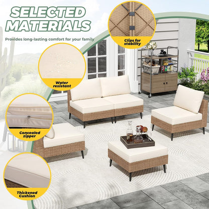5 Pieces Outdoor Patio Furniture Set, Wicker Sectional Sofa Couch, Rattan Conversation Sets with Cushions for Deck, Backyard, Porch (Khaki)3