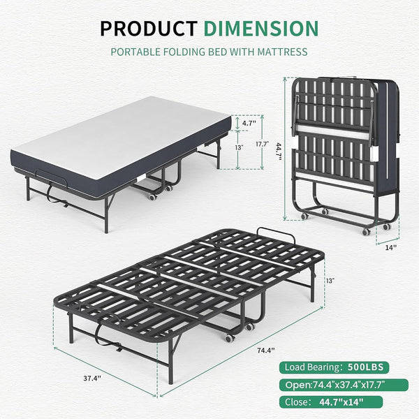 Folding Bed with Mattress,5-Inch Memory Foam Foldable Bed for Adults,500Lbs Capacity Rollaway Bed with Storage Cover and Sturdy Metal Frame,Space Saving Portable Guest Bed,75"*37.4"2