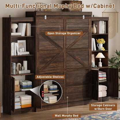 Queen Size Murphy Bed W/2 Storage Cabinet&2 LED Light, Farmhouse Wood Hidden Foldable Wall Bed Frame, Storage Bed Cabinet for Bedroom, Office, Space-Saving, No Box Spring Needed, Brown5