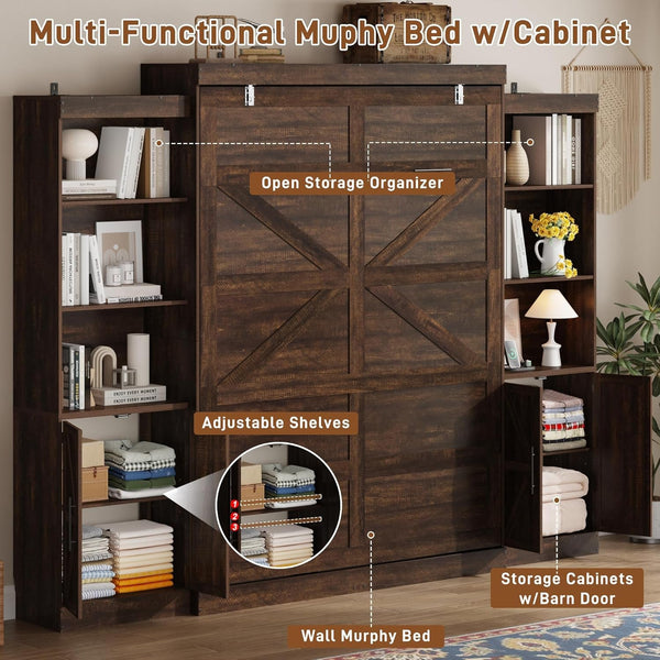 Queen Size Murphy Bed W/2 Storage Cabinet&2 LED Light, Farmhouse Wood Hidden Foldable Wall Bed Frame, Storage Bed Cabinet for Bedroom, Office, Space-Saving, No Box Spring Needed, Brown5
